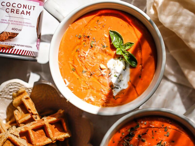 Creamy Tomato & Red Pepper Soup with Chickpea Waffle Dippers  